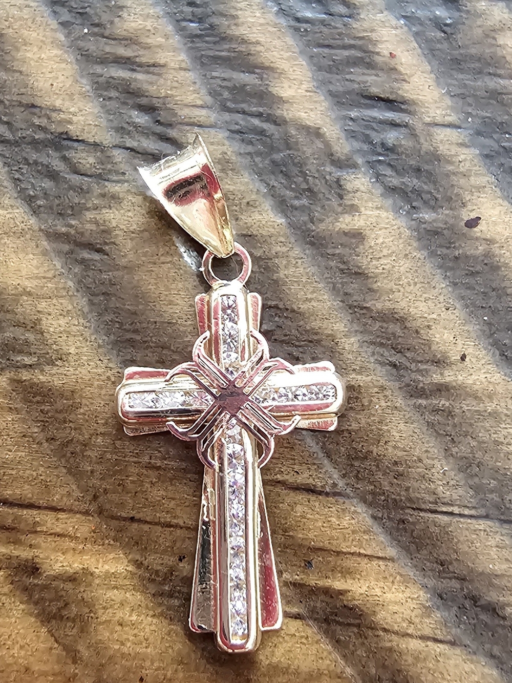 14k Solid Gold-Tone Cross Pendant Necklace with Clear Stones